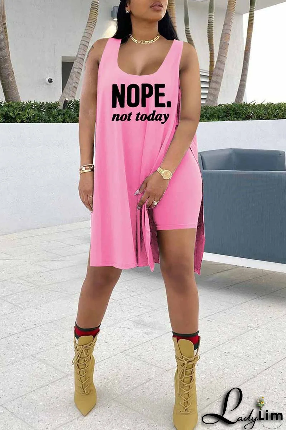 Red Fashion Casual Letter Print Slit U Neck Sleeveless Two Pieces