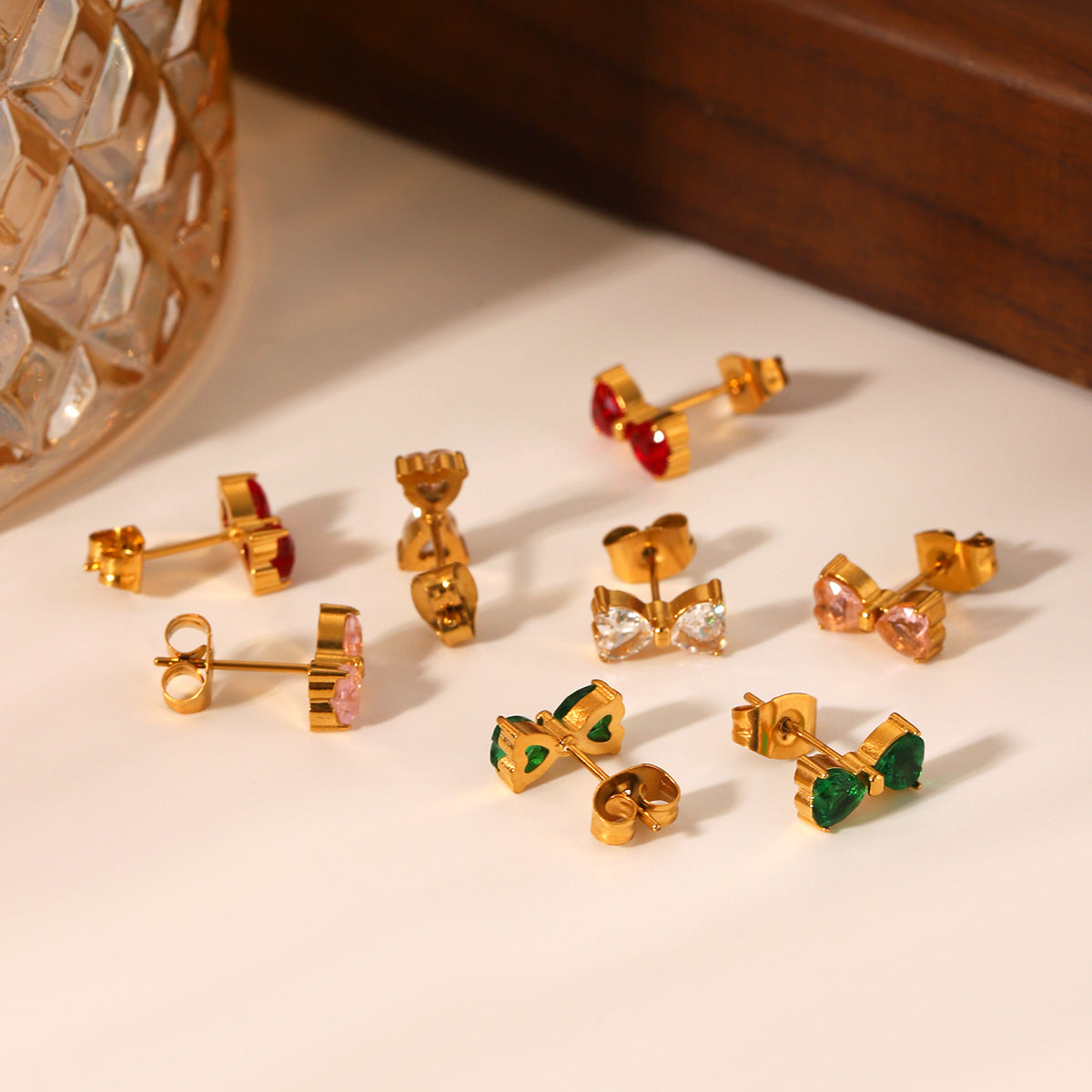 Ins Style Stainless Steel Bow Earrings Inlaid Zircon Earrings Female Titanium Steel 18K Gold-Plated Earrings