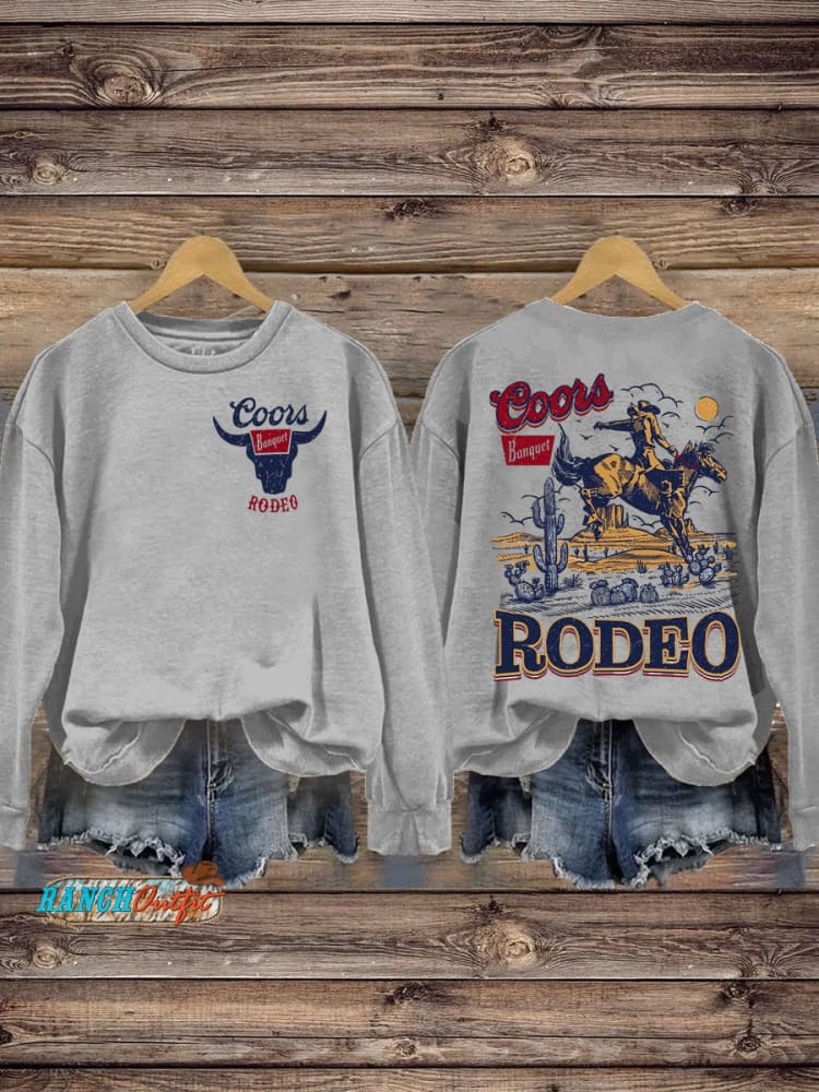 Retro Coors Rodeo Cowboy Art Print Pattern Casual Sweatshirt Grey / S