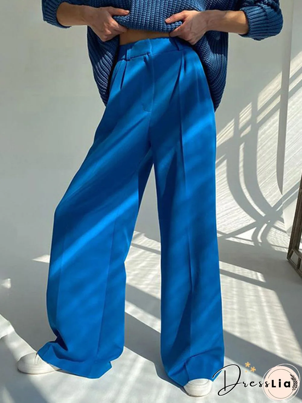 Blue Office Women'S Pants Fashion Loose Full Length Ladies Trousers Casual High Waist Wide Pants For Women