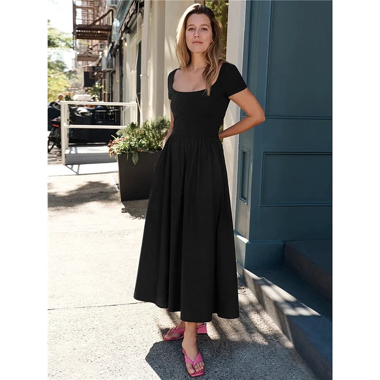 Solid Color Short Sleeve Square Neck High Waist A-Line Maxi Dress