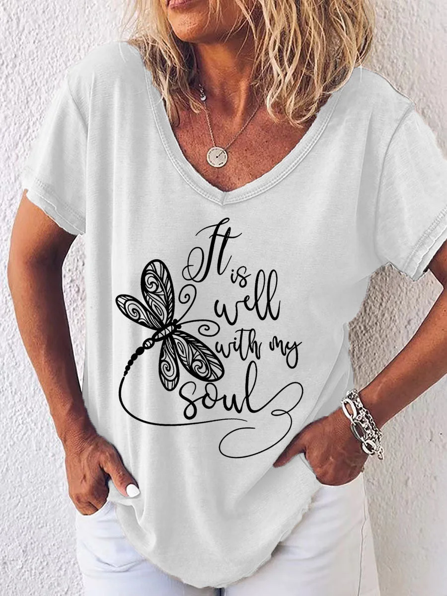 It Is Well with My Soul Dragonfly V-neck T-shirt
