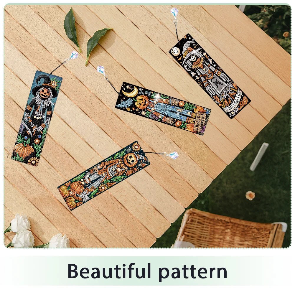 4Pcs Halloween Pumpkin Skull Themed DIY Diamond Painting Bookmark for Book Lover