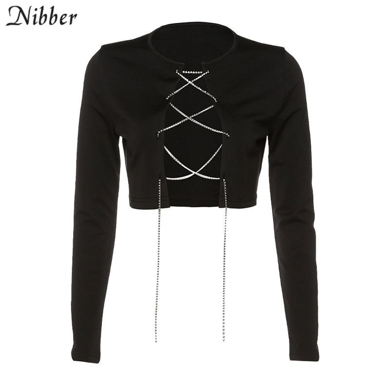 Nibber Sexy Club metal chain cutout knitted crop tops women T-shirts streetwear Party night Wild black Trendy ladies Top tees