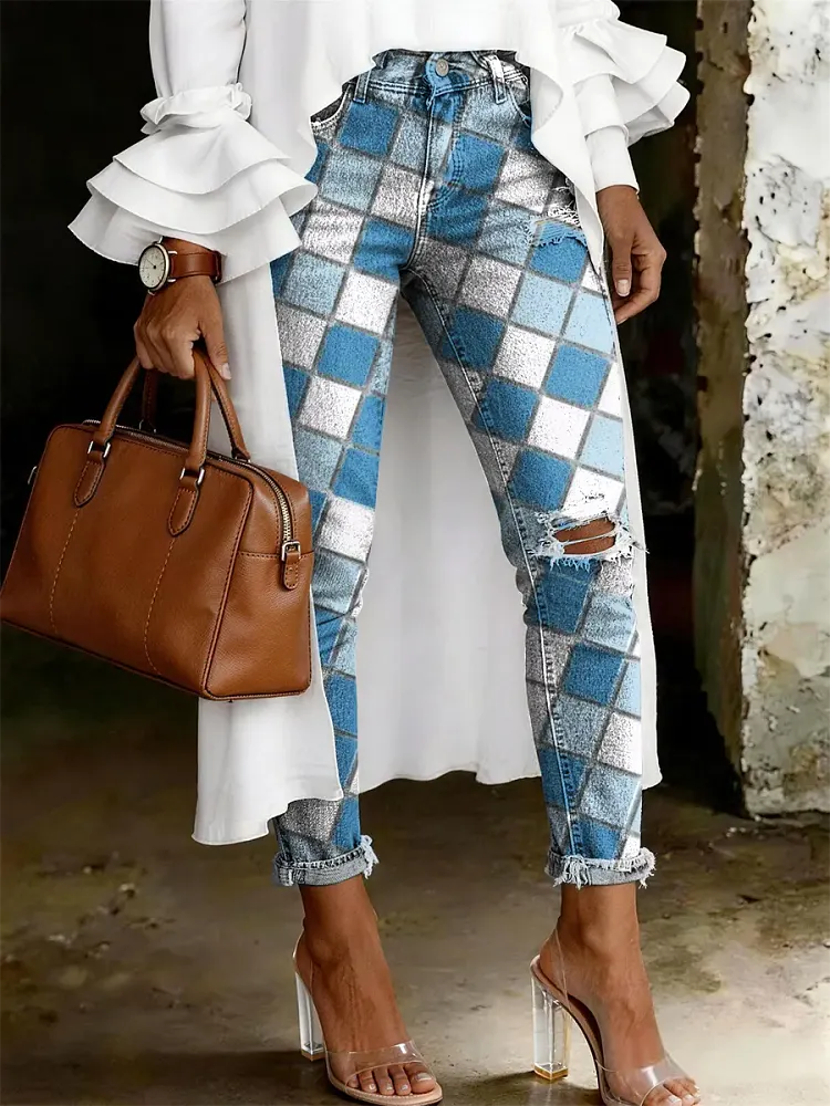 Women's Fashion Casual Lattice Print Ripped Skinny Jeans