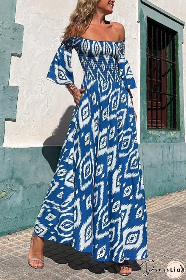 Close To The Vacation Ethnic Print Smocked Off Shoulder Pocketed Maxi Dress