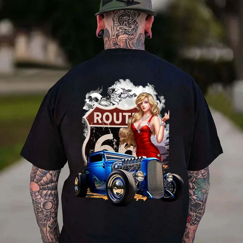 ROUTE 66 Sexy Lady Classic Car Print Men's T-shirt