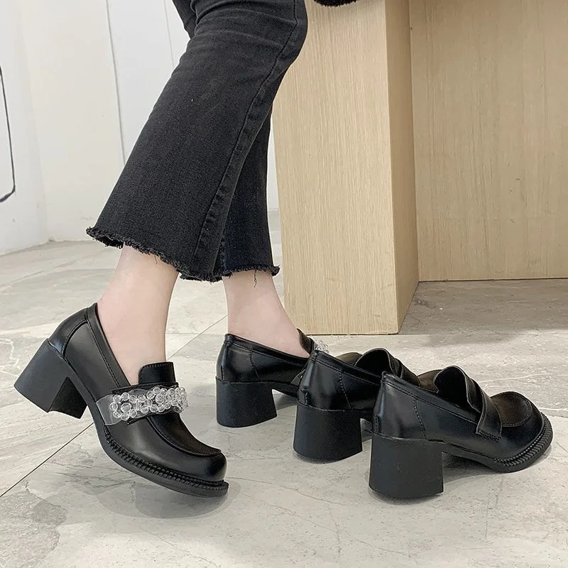 Transparent Bead PU Leather Shoes Woman Retro Round Toe Chunky High Heels Loafers Women 2022 Spring New Black Party Pumps