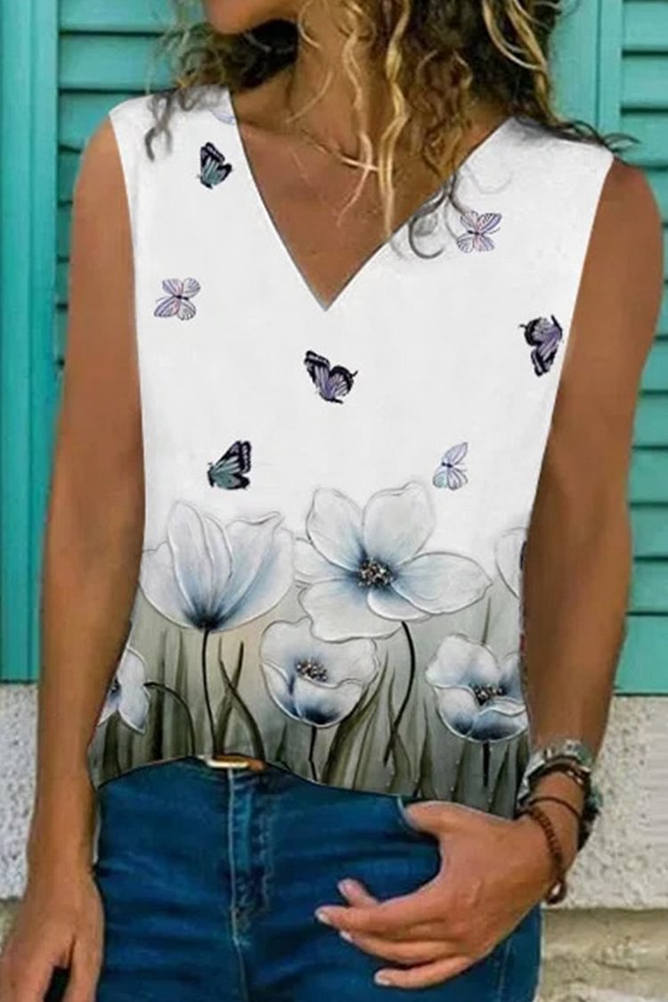 Women's Tank Tops Floral Butterfly Print Top
