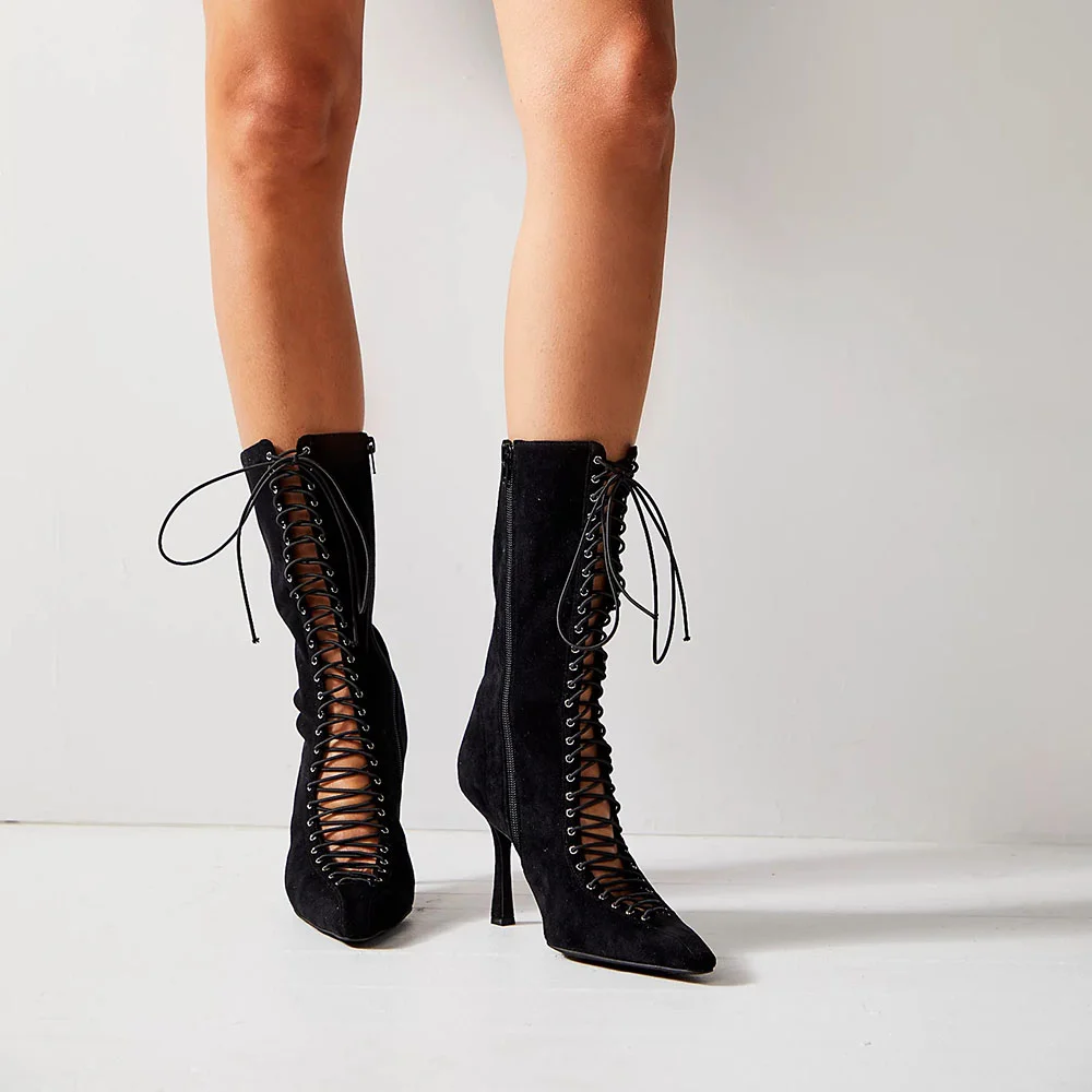 Black Faux Suede Pointed Toe Lace Up Mid Calf Boots With Stiletto Heel Nicepairs
