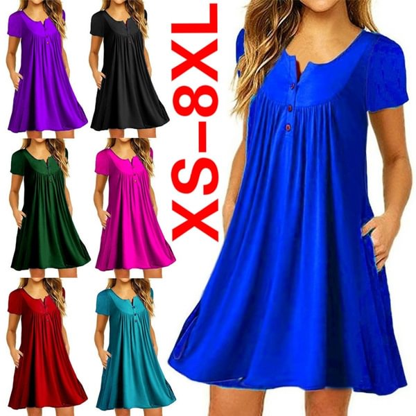 XS-8XL Plus Size Summer Women's Fashion Short Sleeve Cotton Tunic Dresses Casual Deep V-neck Mini Party Dress Pleated Solid Color Ruffles Pockets Beach Dress - Shop Trendy Women's Fashion | TeeYours