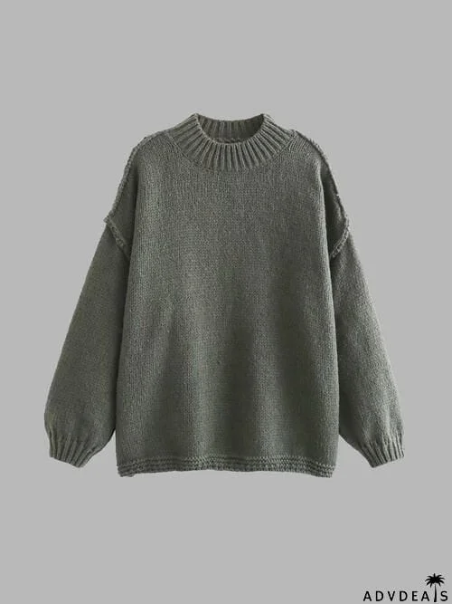 Exposed Seam Round Neck Long Sleeve Sweater