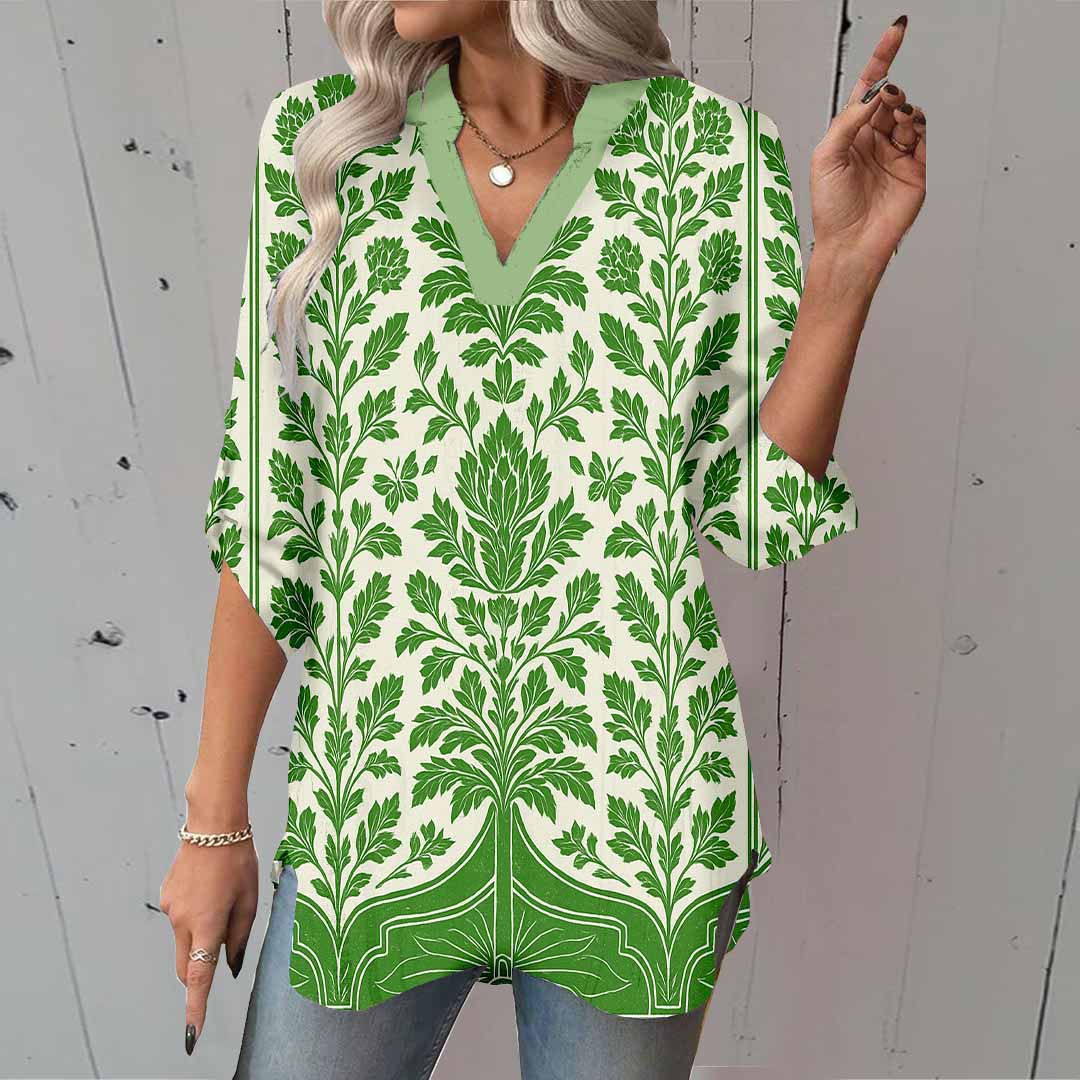 Women Floral, Green DZGA0127 3/4 Sleeve V-neck Printed Graphic Button Tops