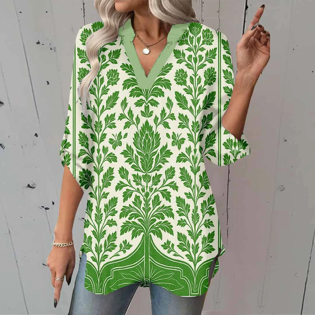 Women Floral, Green DZGA0127 3/4 Sleeve V-neck Printed Graphic Button Tops