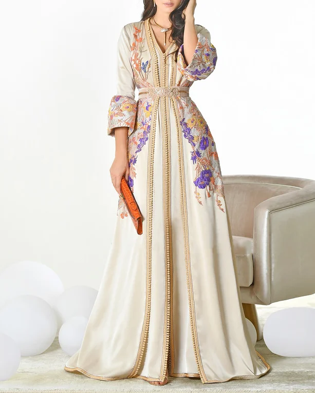 Contrast floral-embroidered satin dress
