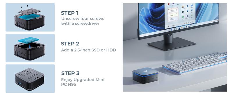 Product Introduction of ACEMAGIC AK1 Plus Mini PC. Intel 12th Gen N95(up to 3.4GHz) Mini Desktop Computers. 8GB RAM/256GB M.2 SSD Micro Computer Tower Support 4K UHD. Dual Wi-Fi. BT 4.2 for Business Home Office 5