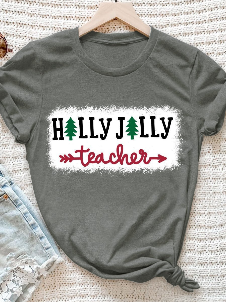 Holly Jolly Teacher Print Short Sleeve T-shirt