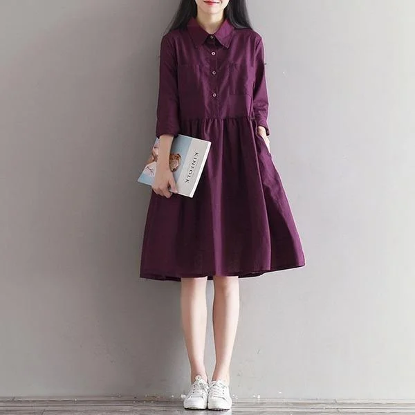 Women Cotton Linen Casual Dress New 2020 Simple Style Knee-length A-line Dress