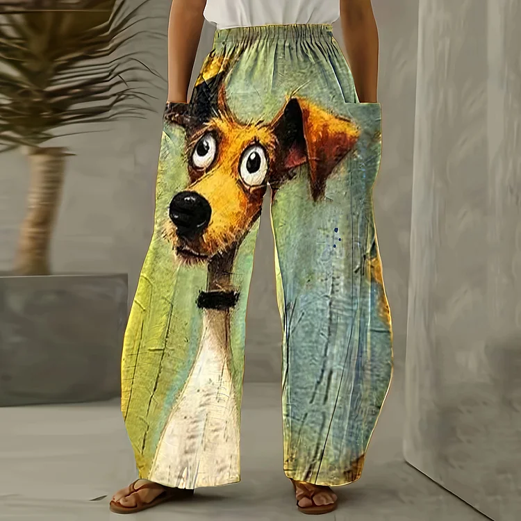 Cute Art Dog Print Loose Casual Pants