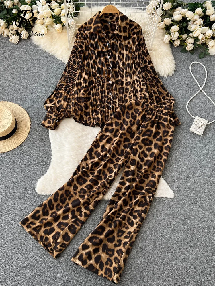 Huibahe Leopard Vinage Casual Autumn Suits Loose Folds Lapel Blouse Tops+Wide Leg Long Pants Streetwear Women Two Pieces Suits