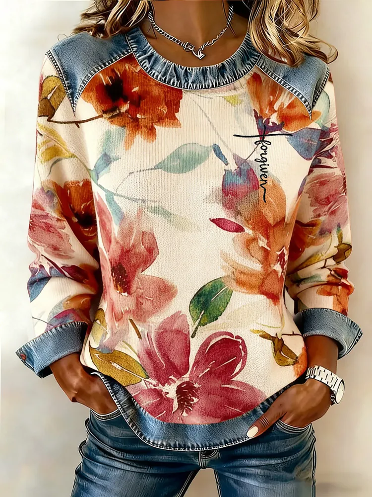 Women's Flower-Print Denim-Like Sweatshirt 