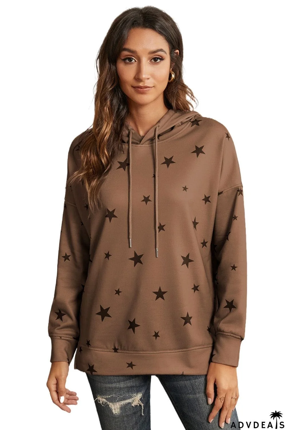 Women's Khaki Star Print Hoodie with Side Slits