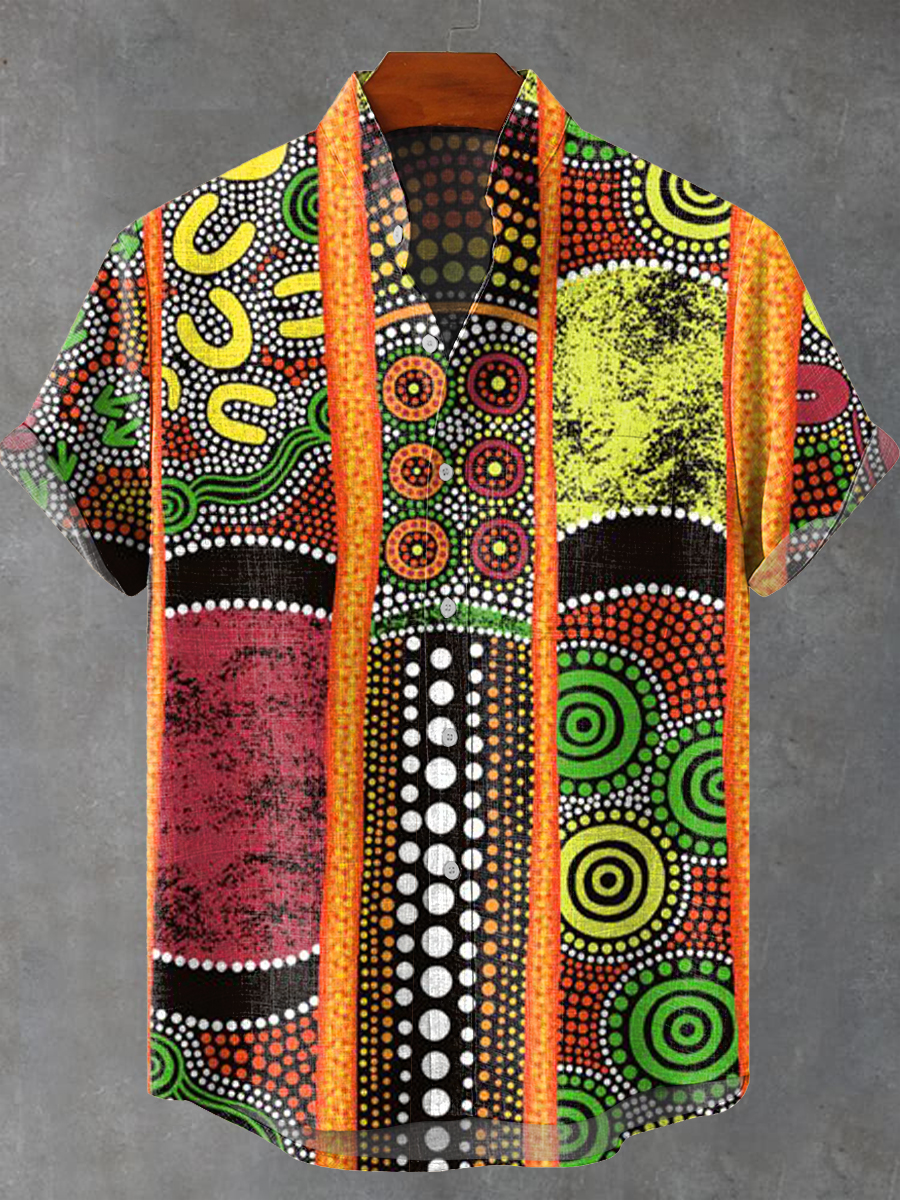 Vintage Abstract Africa Ethnic Geometric Painting Stripes Art Print Casual 100% Cotton Shirt