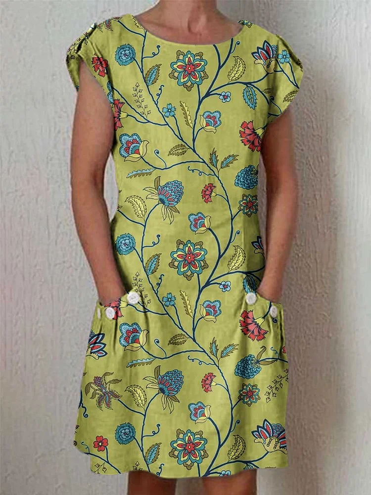 Women's Classic Floral Cotton and Linen Dress