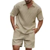 Men's Casual Waffle-Knit Solid-Color Polo Shirt & Tracksuit Set by Inlyline
