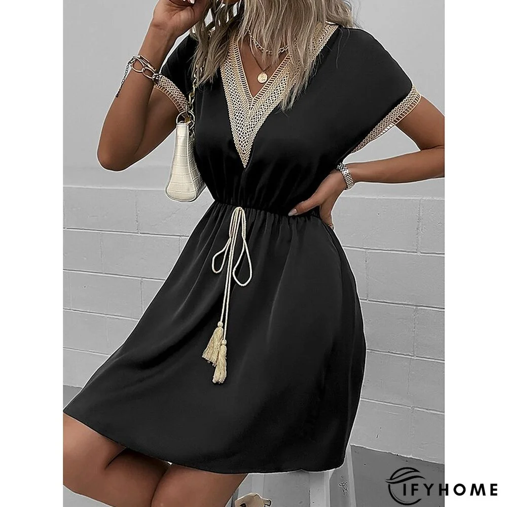 Women's Casual Dress Summer Dress Loose Dress Plain Drawstring Lace Trim V Neck Mini Dress Active Fashion Outdoor Daily Short Sleeve Loose Fit Black White Blue Spring Summer S M L XL | IFYHOME