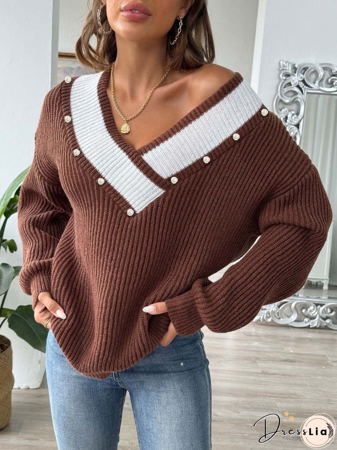 Contrast Trim Dropped Shoulder Long Sleeve Sweater