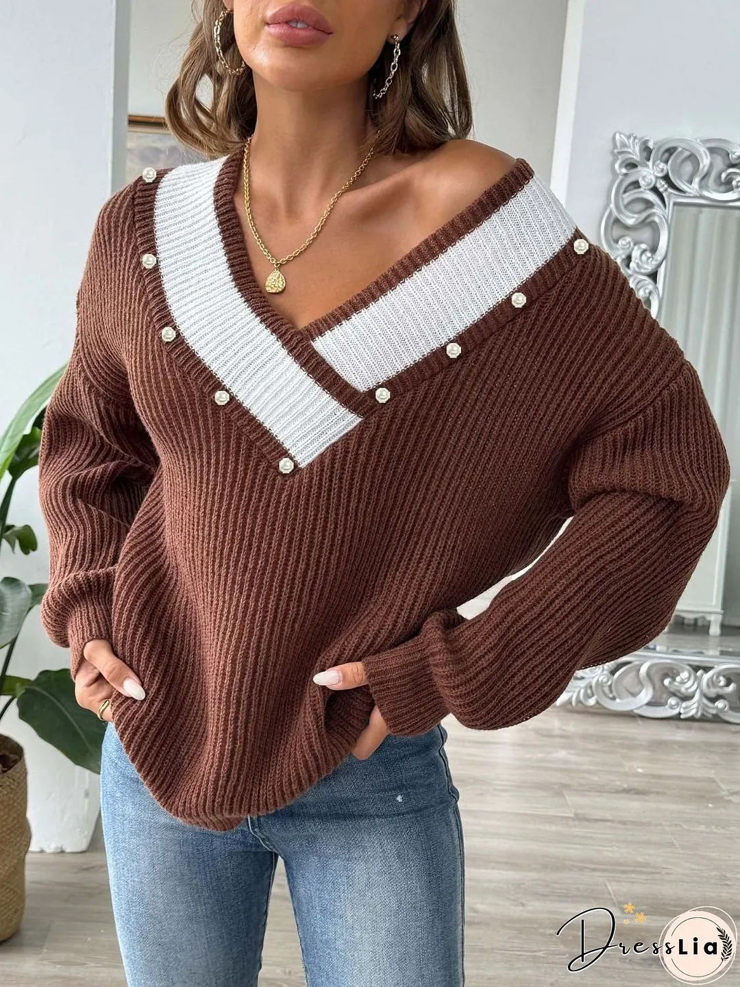 Contrast Trim Dropped Shoulder Long Sleeve Sweater
