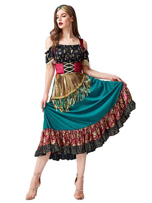 Ruffle Cold Shoulder Gypsy Flamenco Halloween Costume-elleschic
