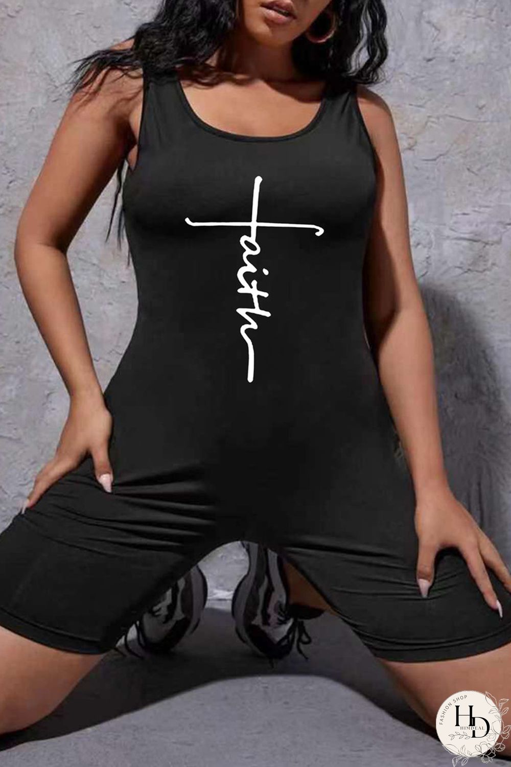 Black Fashion Casual Print Vests U Neck Regular Jumpsuits