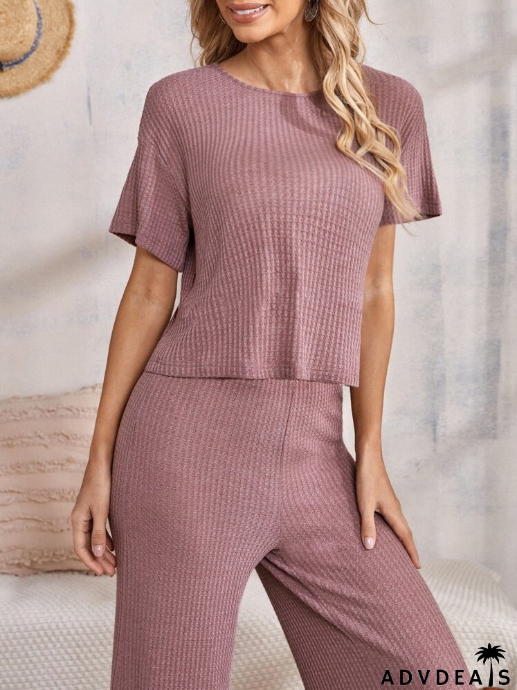 Drop Shoulder Waffle Knit Tee & Wide Leg Pants Set