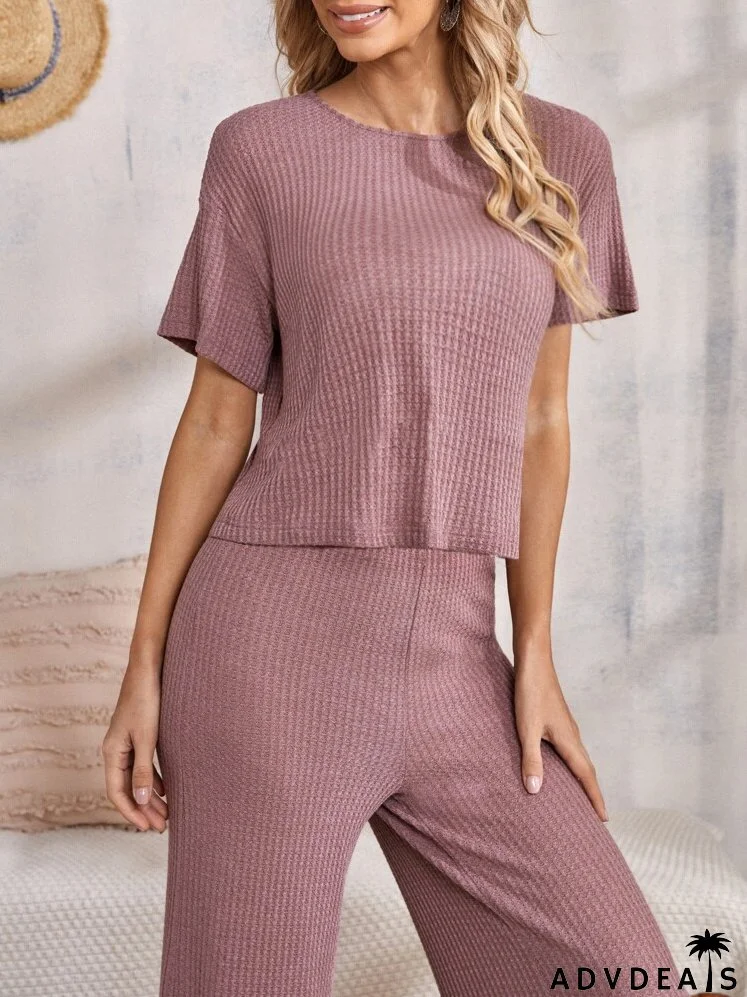 Drop Shoulder Waffle Knit Tee & Wide Leg Pants Set