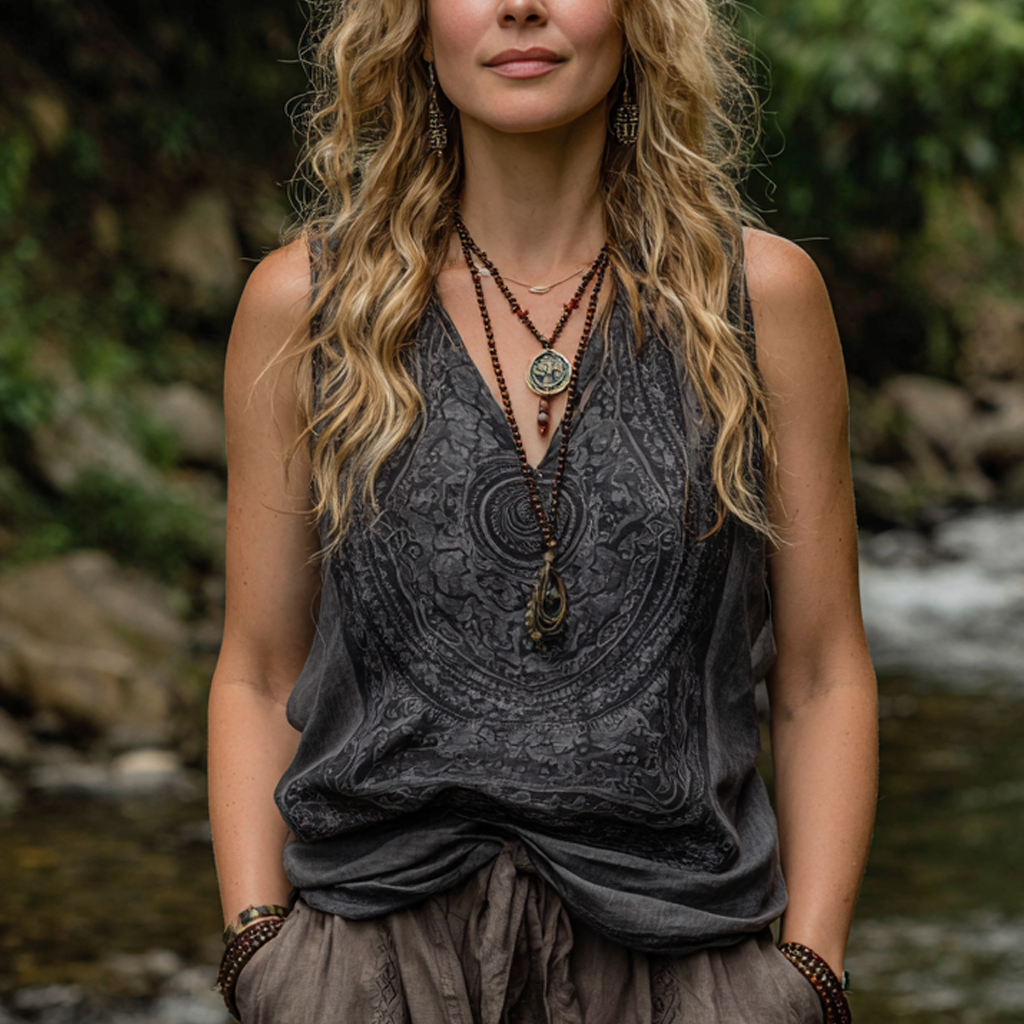 Bohemian Women's Printed Linen Sleeveless Tank Top Casual Camisole