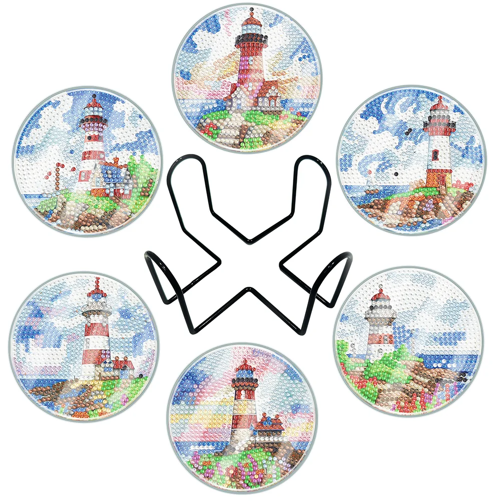 [Upgrade - Waterproof Coaster]6pcs DIY Lighthouse Acrylic Special Shape Diamond Painting Art Coaster Kit with Holder(With Covers)