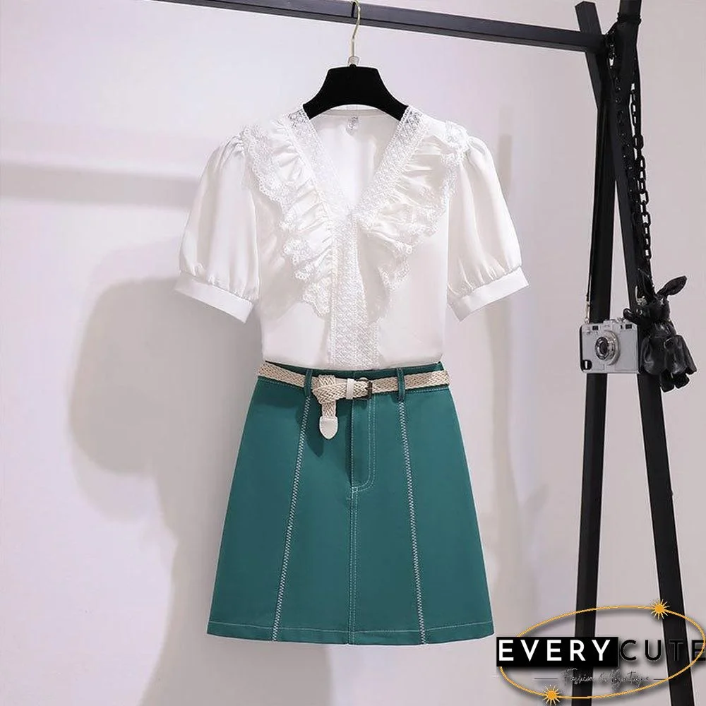 Elegant Lace Blouse+Belt Skirt P11368