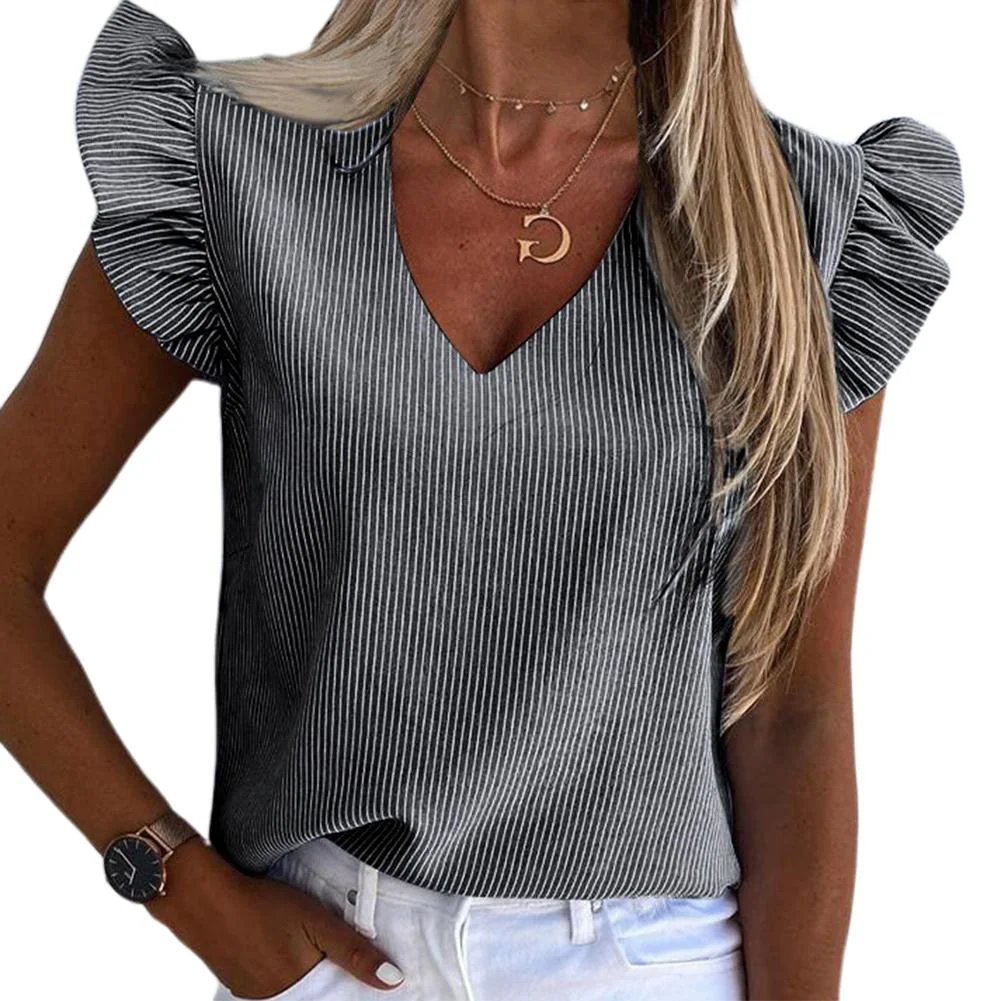 Office Lady T-shirt Women Summer V Neck Stripes Short Ruffled Sleeve Casual T-shirt Top Women's Clothing