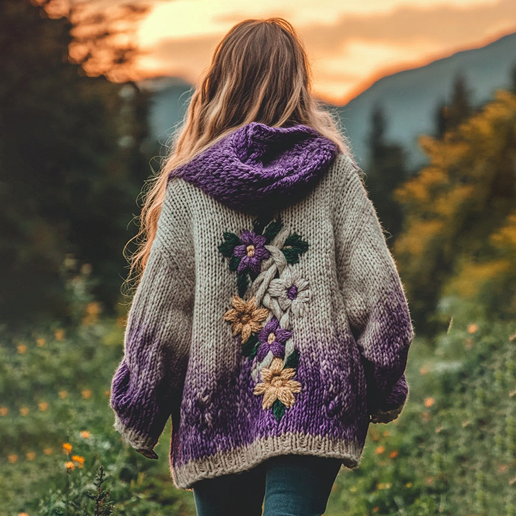 Women's Purple Flowers Gradient Chunky Knit Hooded Cardigan