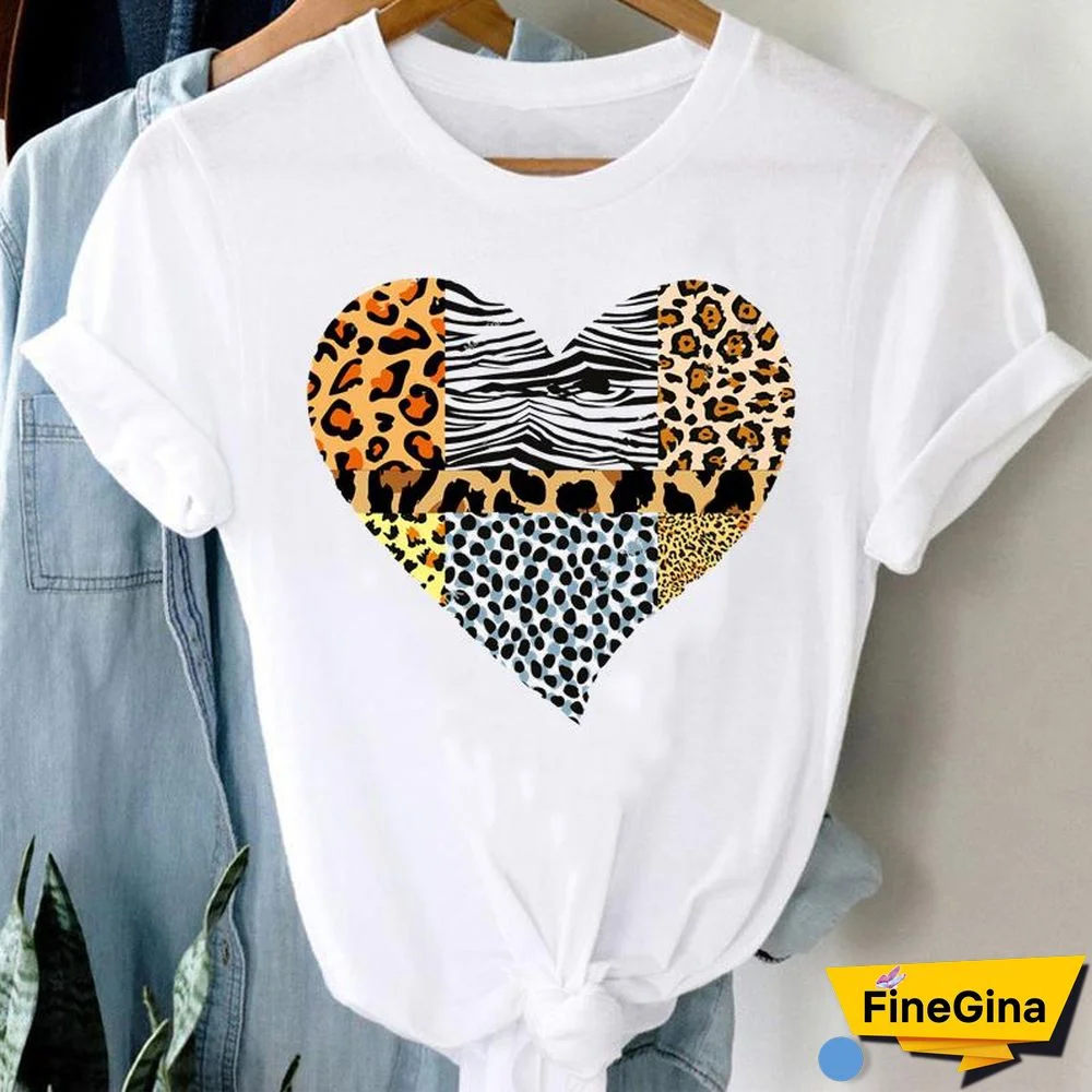 Tee Women Top Leopard Love Heart Cute Clothes Lady Casual Short Sleeve Fashion Summer Tshirt Regular Female Graphic T-Shirt