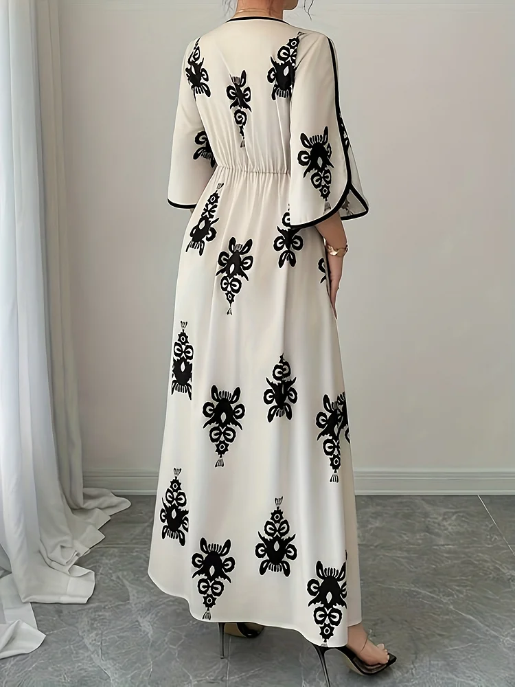 Retro Printed V-Neck Long Dress | Middle Eastern Vacation Niche Design