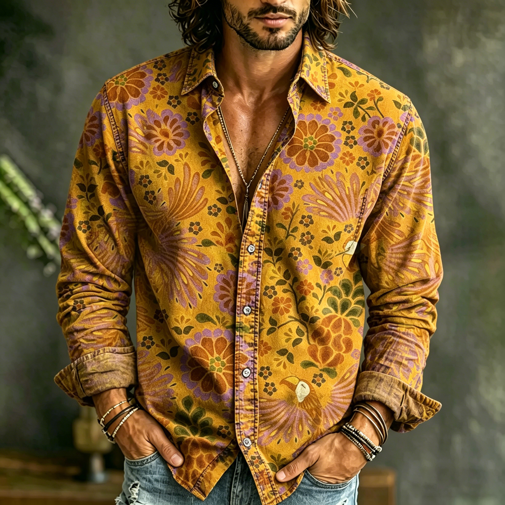 Men's Causal Spring Summer Mediterranean Style Floral Art Print Flowy Linen Blend Shirt elevenforest
