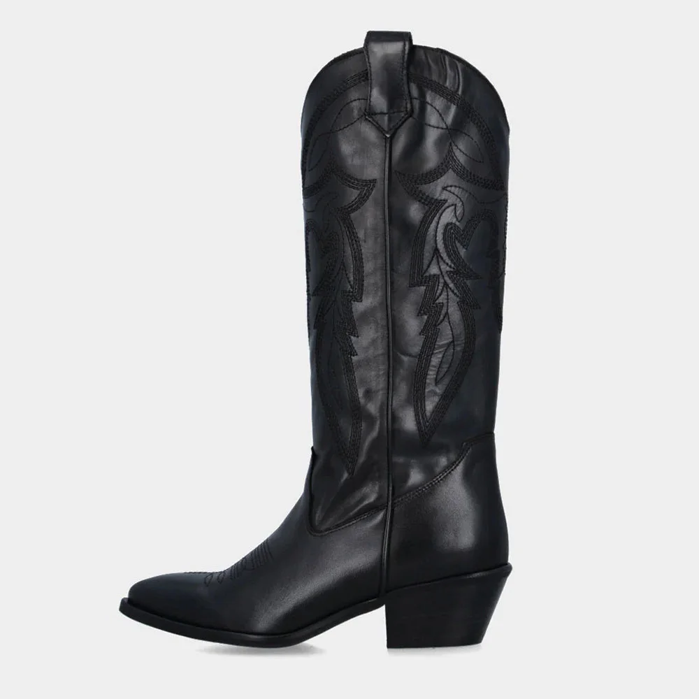 Black Pointed Toe Chunky Heel Embroidered Pull On Cowgirl Boots
