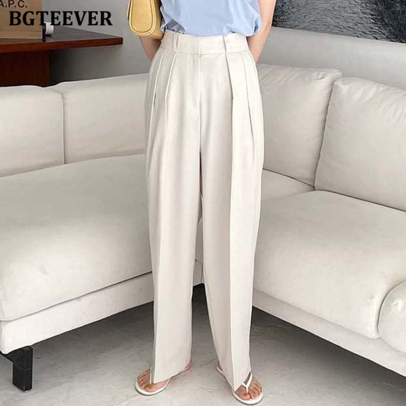BGTEEVER Casual Button High Waist Loose Straight Pants for Women 2021 Summer Ladies Wide Leg Trousers Female Solid Pants