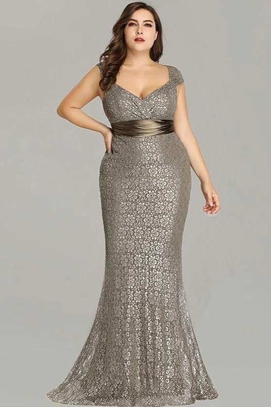 steel grey lace mermaid plus size prom dress