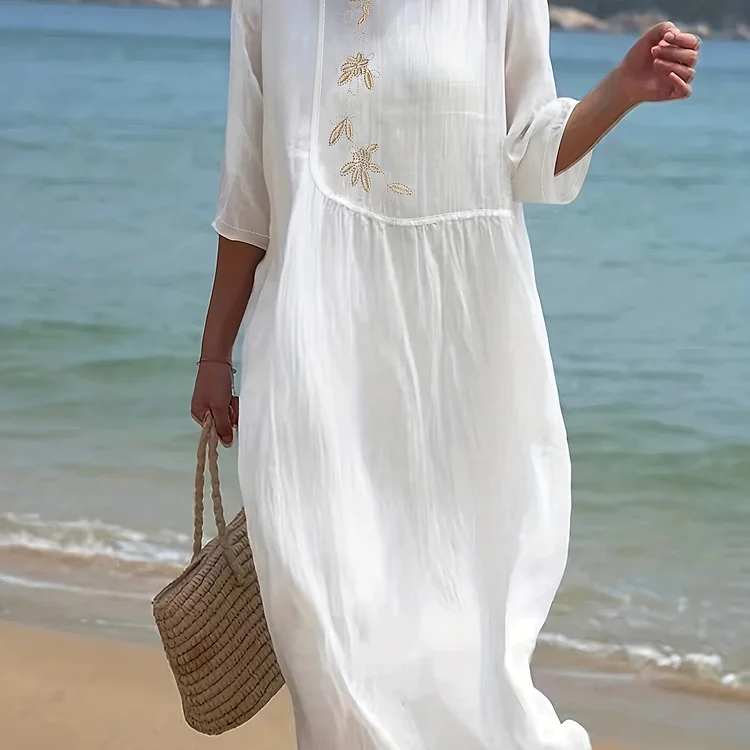 Plus Size Elegant Dress, Women's Plus Plain Floral Embroidered Half Sleeve Round Neck Maxi Dress