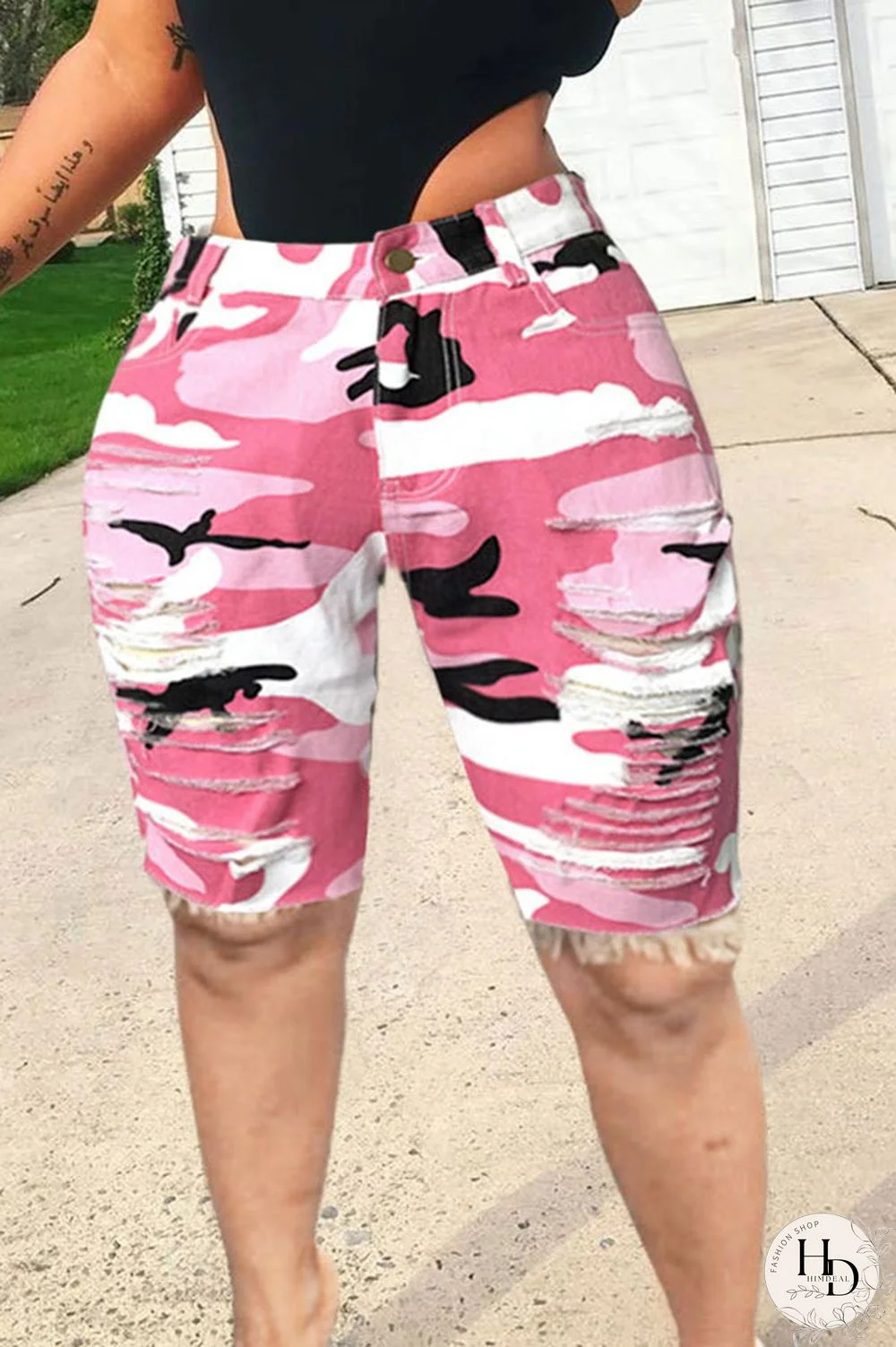 Pink Yellow Camouflage Denim Button Fly Mid Patchwork Print Hole camouflage Hooded Out washing Old pencil Capris Bottoms
