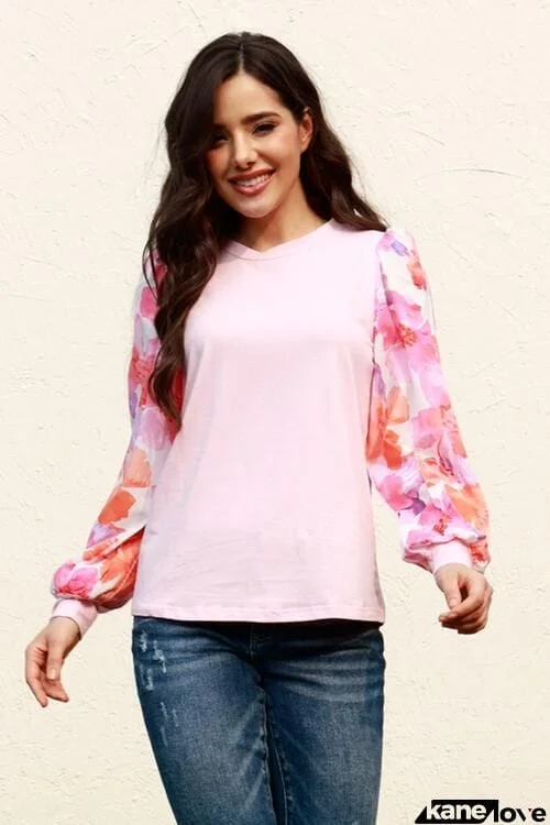 Floral Lantern Sleeve Round Neck Blouse